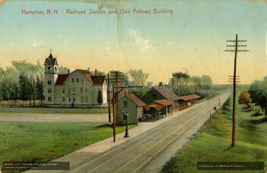 Postcard: Hampton, N.H. - Railroad Station and Odd Fellows Building